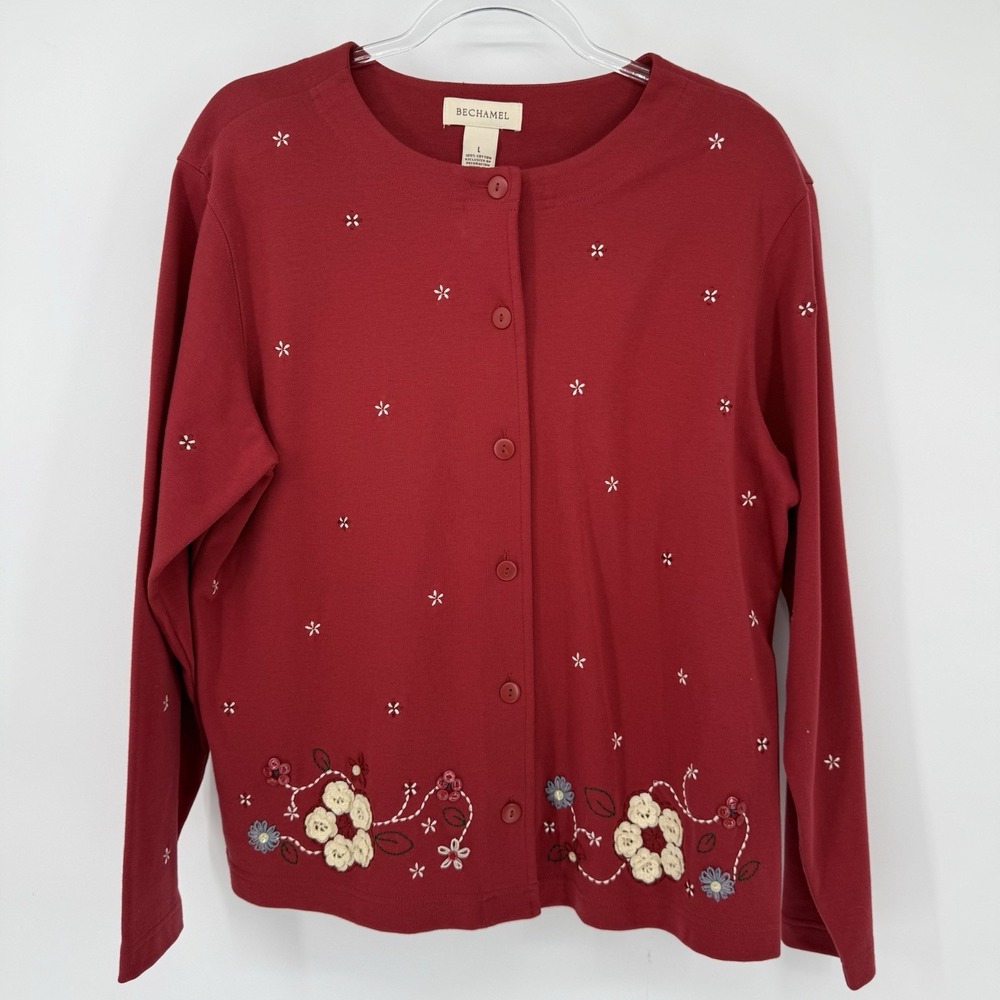 Bechamel Red Cardigan Embroidered‎ Floral Large Cottagecore Grandmacore Granny